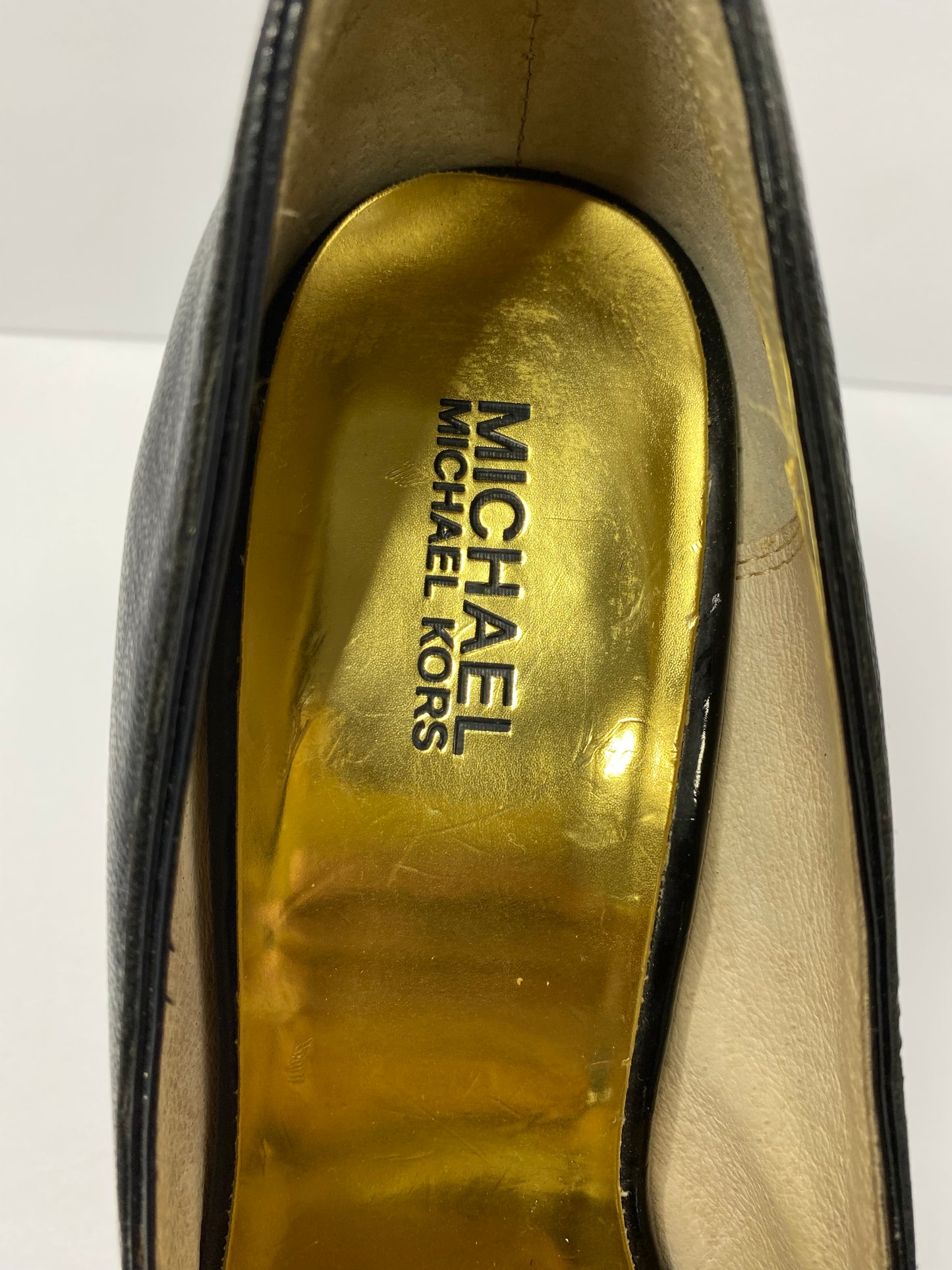 Michael Kors Black Leather Open-Toe Pumps – Size 11 – Gold Logo Plate – 3.75” Heel – Classic Style