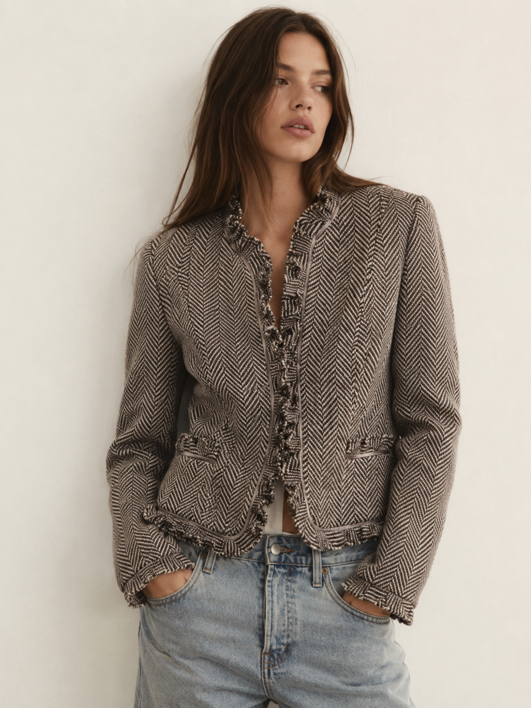 Rebecca Taylor Pink & Gray Herringbone Ruffle Peplum Blazer Size 4