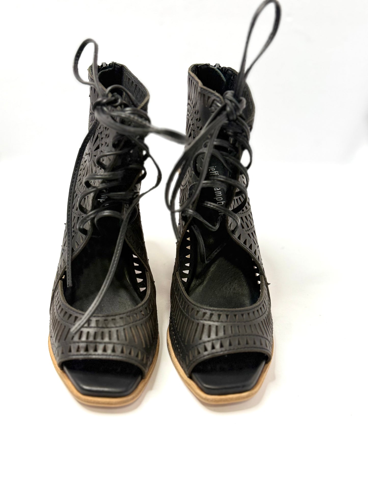 Jeffrey Campbell Boho Black Leather Peep Toe Wedges – Size 7.5 Lace-Up Cutout Sandals 3” Heel