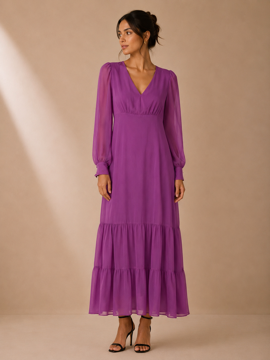 Bar III Magenta Tiered Chiffon Midi Dress Size Small Long Sleeve V-Neck Occasion Dress