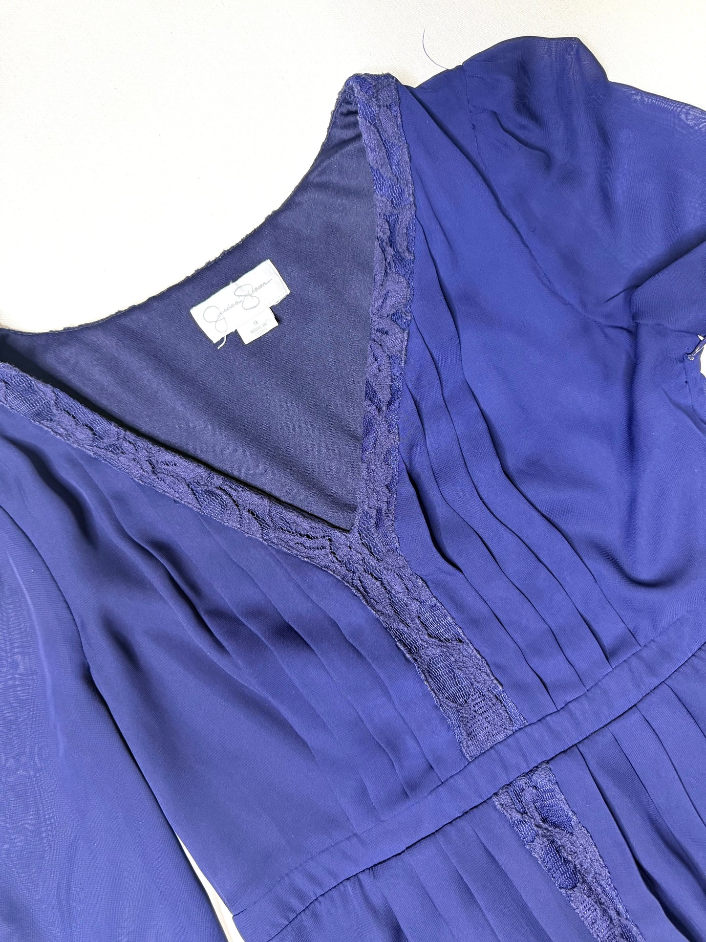 Jessica Simpson Blue Chiffon Lace Trim Mini Dress Pleated Long Sleeve Boho Sizer 8