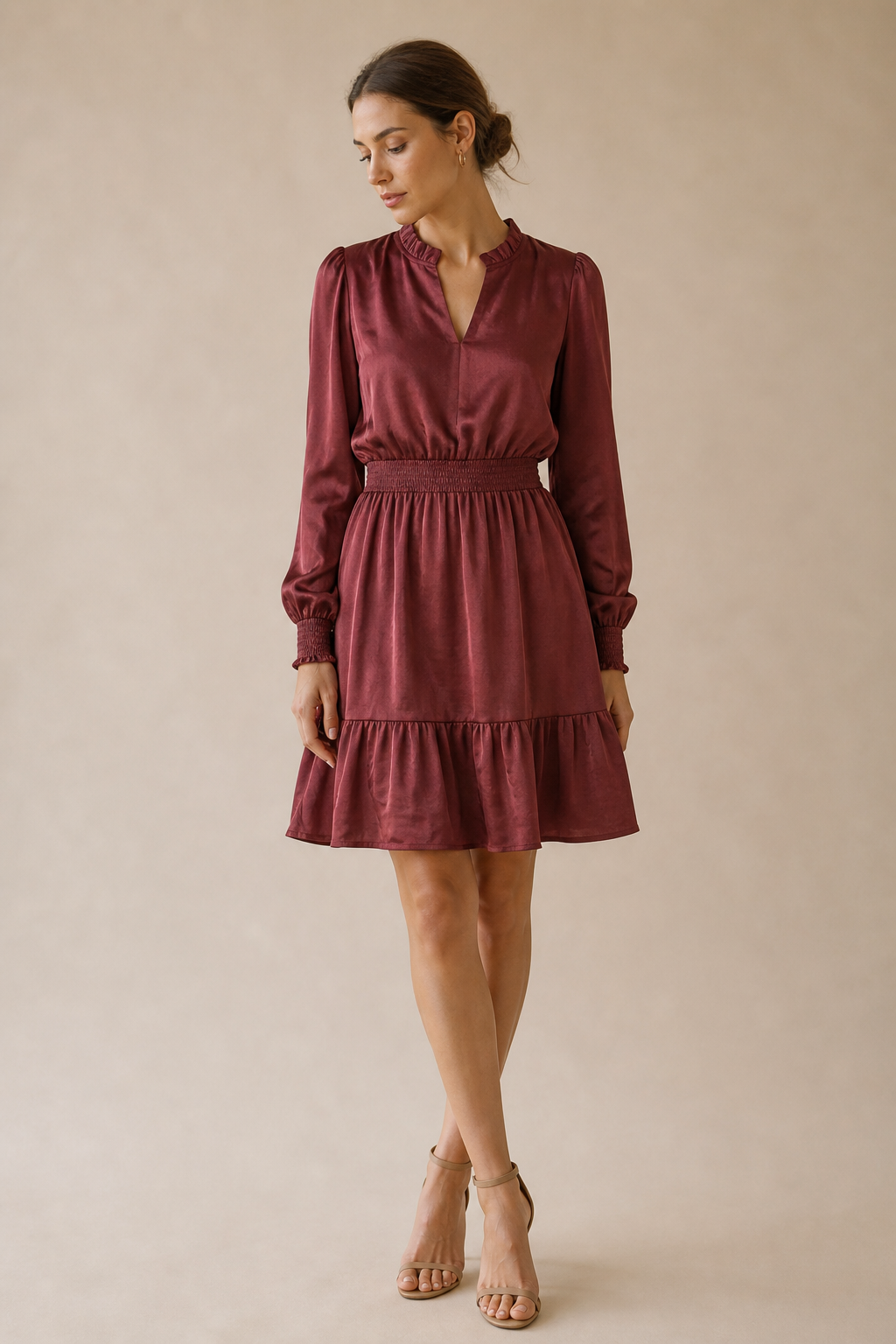 Lucky Brand Burgundy Smocked Waist Ruffle Long Sleeve Tiered  Mini Dress Sz S