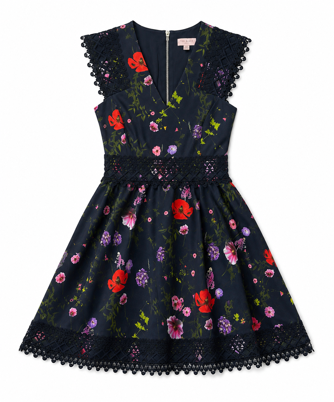 Ted Baker Blue Floral Print Plunge A-Line Dress Lace Trim w/Pockets Size 2