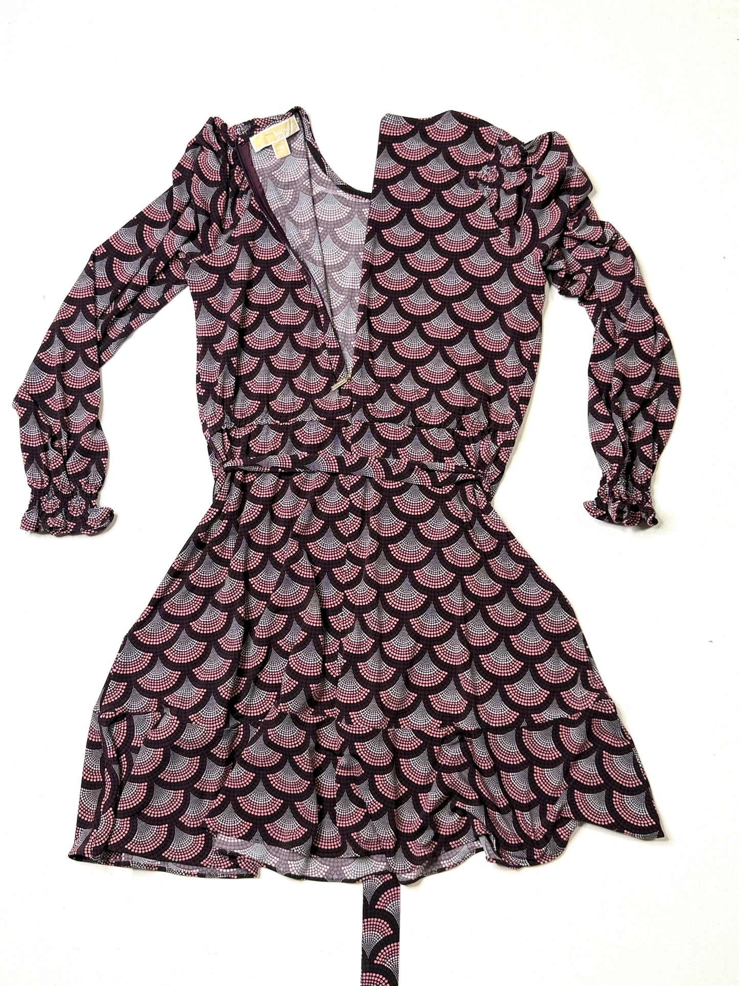 Michael Kors Petite Medium Wrap Dress Burgundy Pink Geometric Long Sleeve Ruffle