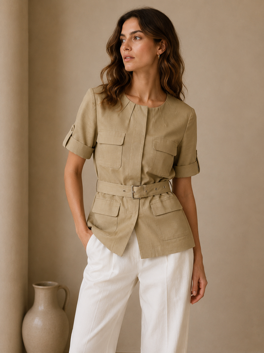 Michael Kors Khaki Cargo Safari Top w/ Belt Size 6