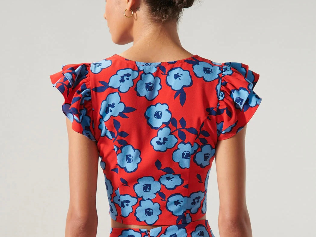 Sugar Lips Mira Mar Floral Ruffle Shoulder Crop Top – Red/Blue, Size S, NWT