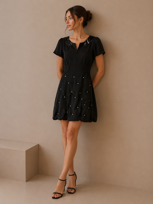 Sretsis Black Bubble Hem Dress Size US 2 Sequin Collar Pearl Detail Puff Sleeve Mini Dress