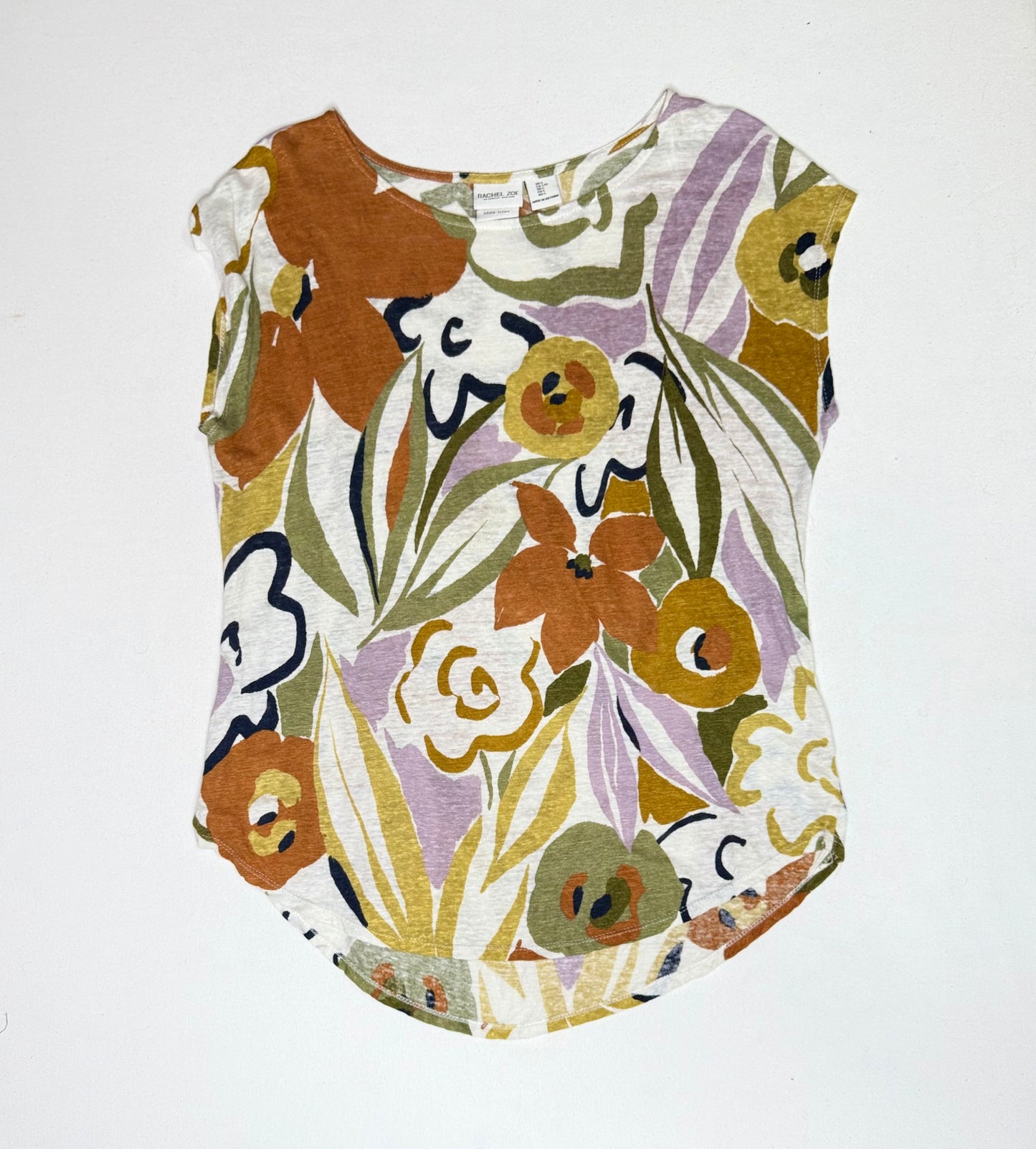 Rachel Zoe Multicolor Floral 100% Linen Blouse Cap Sleeve Size Large