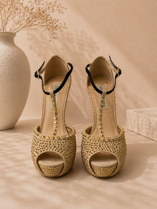 Steve Madden Nude Gold Studded Peep Toe Heels Size 8.5