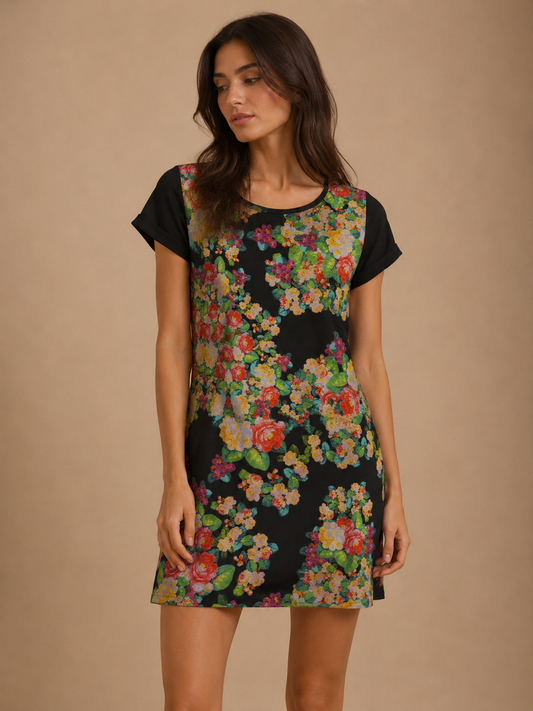 MinkPink Floral Print Dress Women’s Small Black Multicolor Flower Blouse Studded Neck Short Sleeve