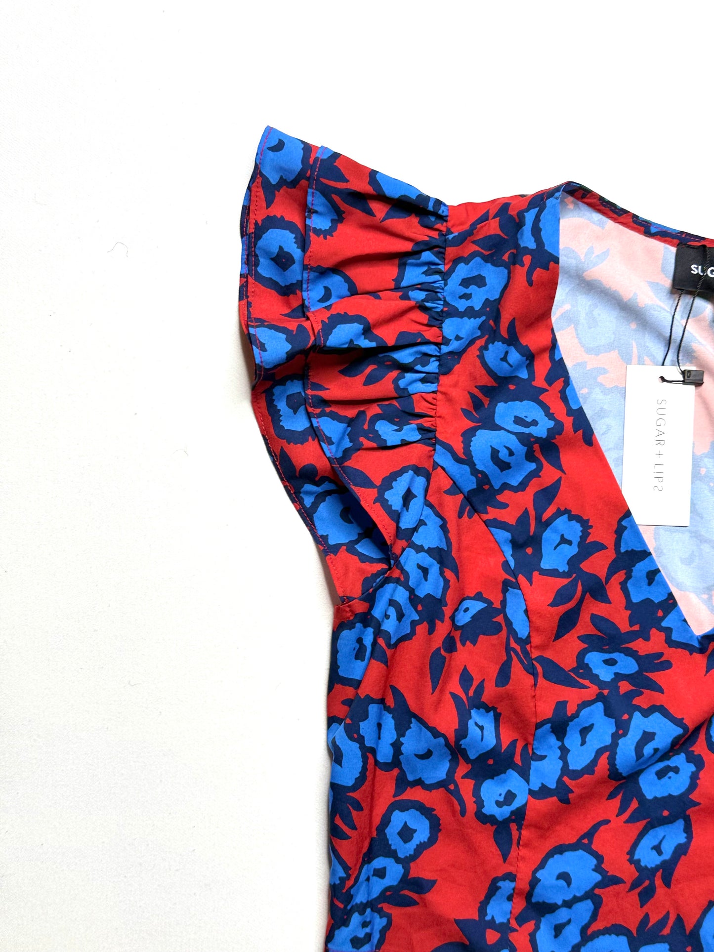 Sugar Lips Mira Mar Floral Ruffle Shoulder Crop Top – Red/Blue, Size S, NWT