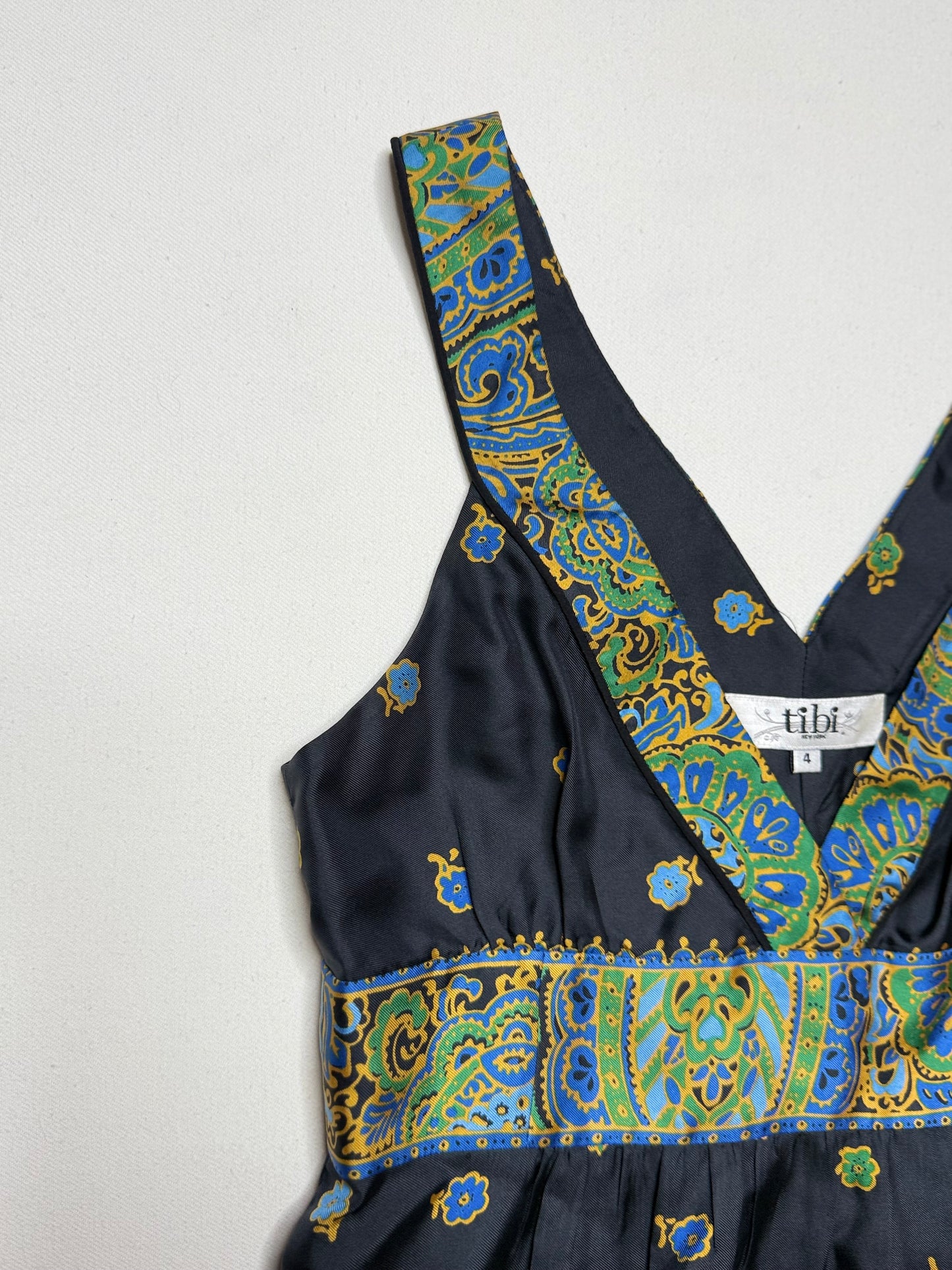 Tibi Blue Paisley Print Silk-Blend Sleeveless V-Neck Dress – Size 4