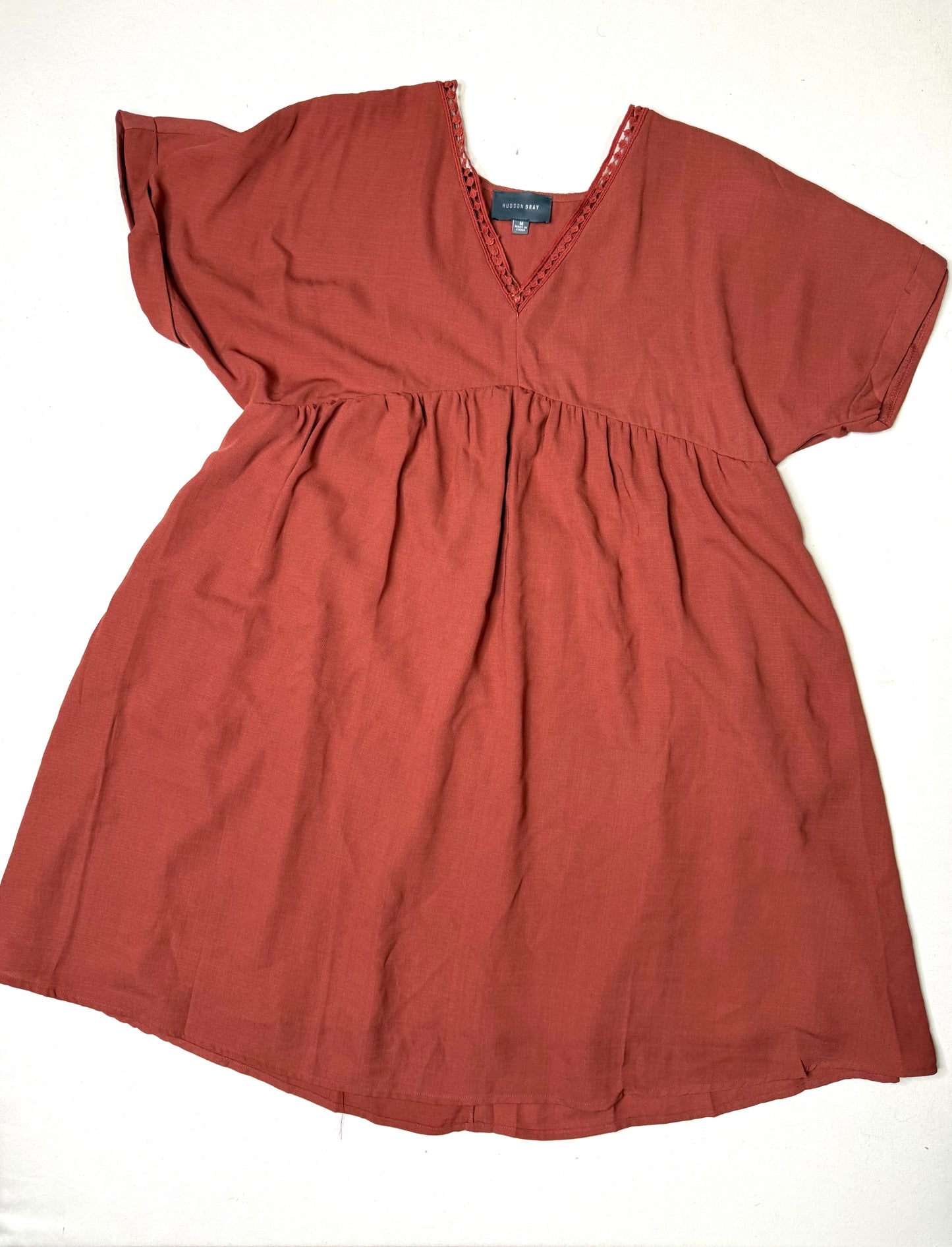 Hudson Gray Rust Orange Babydoll Dress Medium Boho V Neck Short Sleeve Mini Shift Dress
