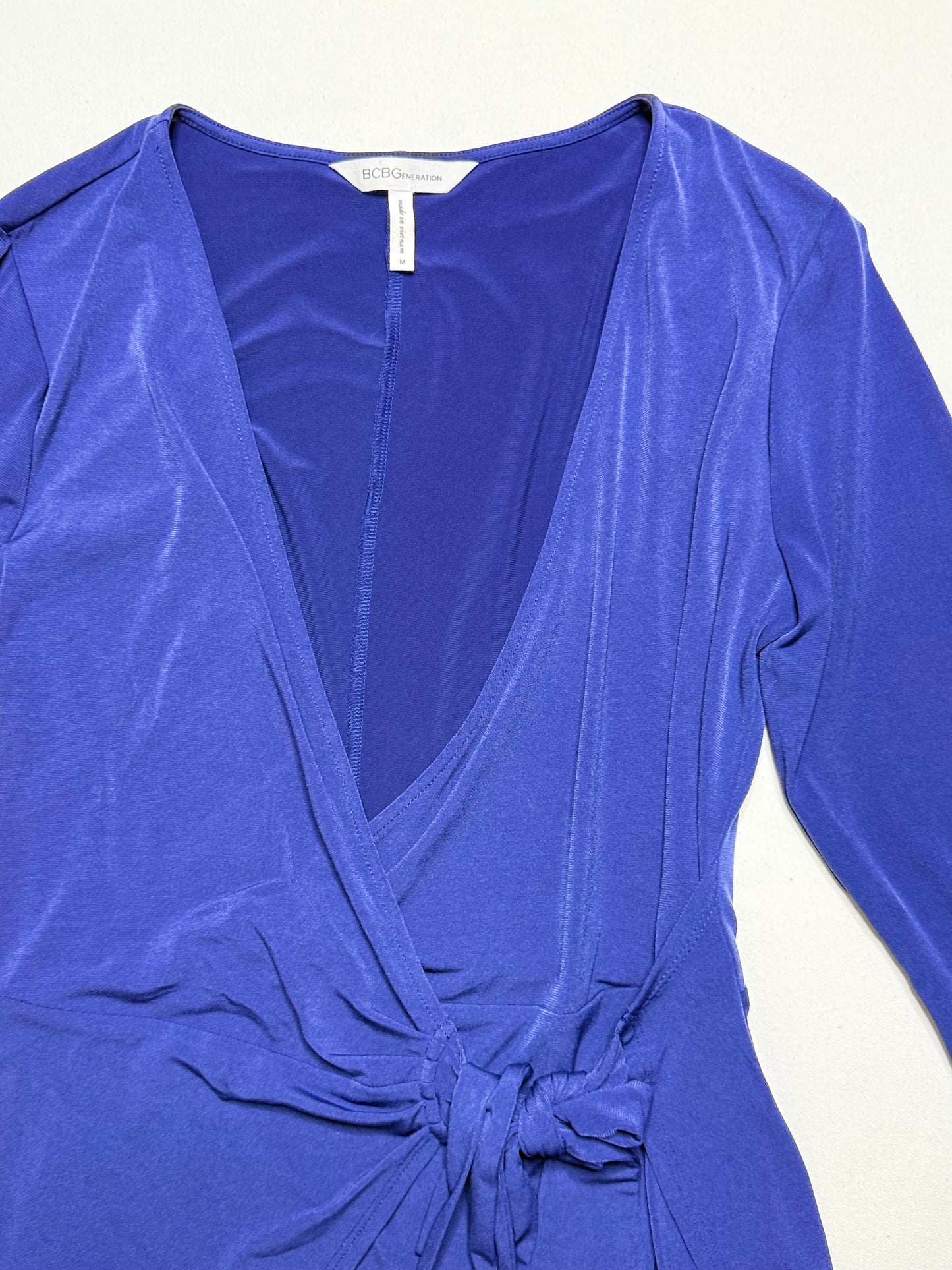 BCBG Generation Blue Long Sleeve Wrap Dress – Size Medium, V-Neck, Asymmetrical Hem