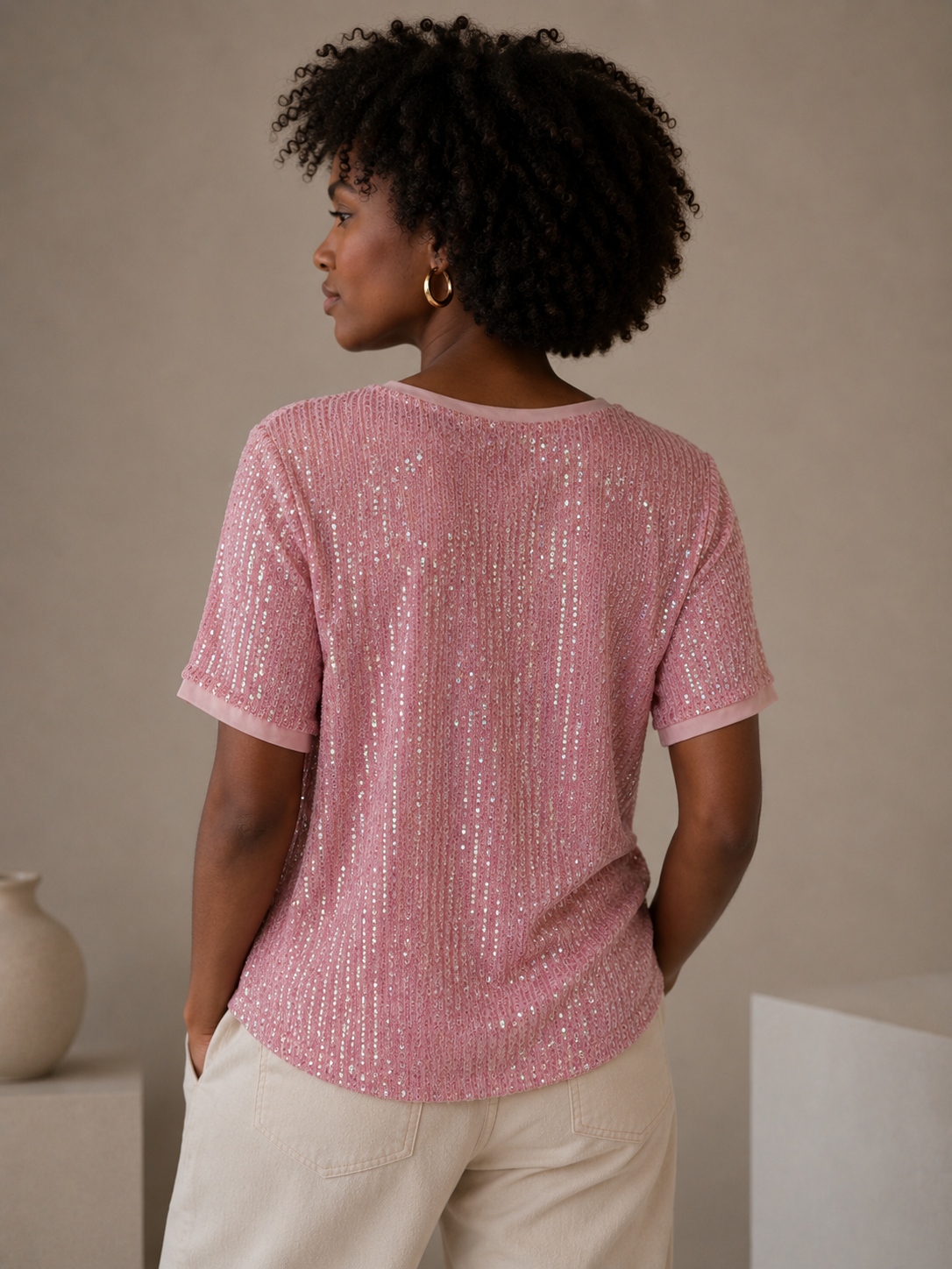 Anne Klein Y2K Pink Sequin Short Sleeve Sheer Mesh Tee Size Medium