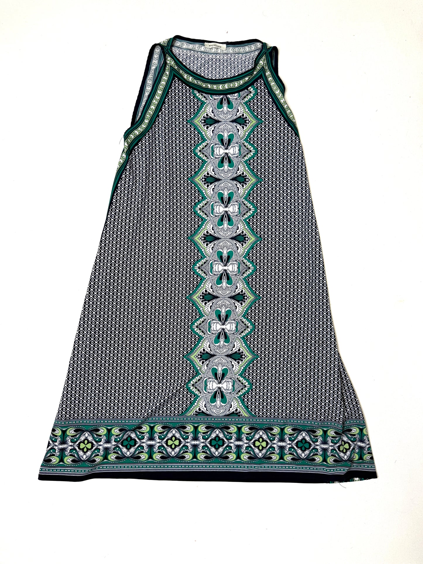 Max Studio Sleeveless Shift Dress Geometric Print Green Blue Black Stretch Knit Women’s Small