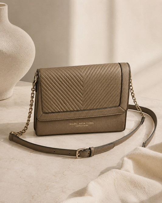 Marc New York Andrew Marc Taupe Quilted Crossbody Bag | Neutral Pebbled Leather Chain Shoulder Purse