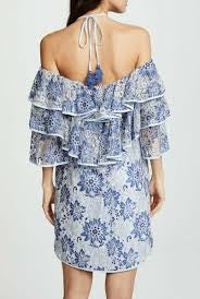 Rebecca Minkoff Dena Tiered Ruffle Halter Lace Dress – Blue Multi NWT, Size XS
