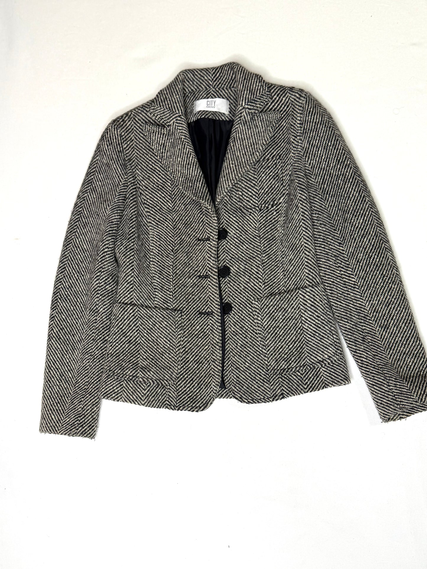 Vintage DKNY City Herringbone Tweed Blazer Gray Wool 3-Button Jacket Size 2