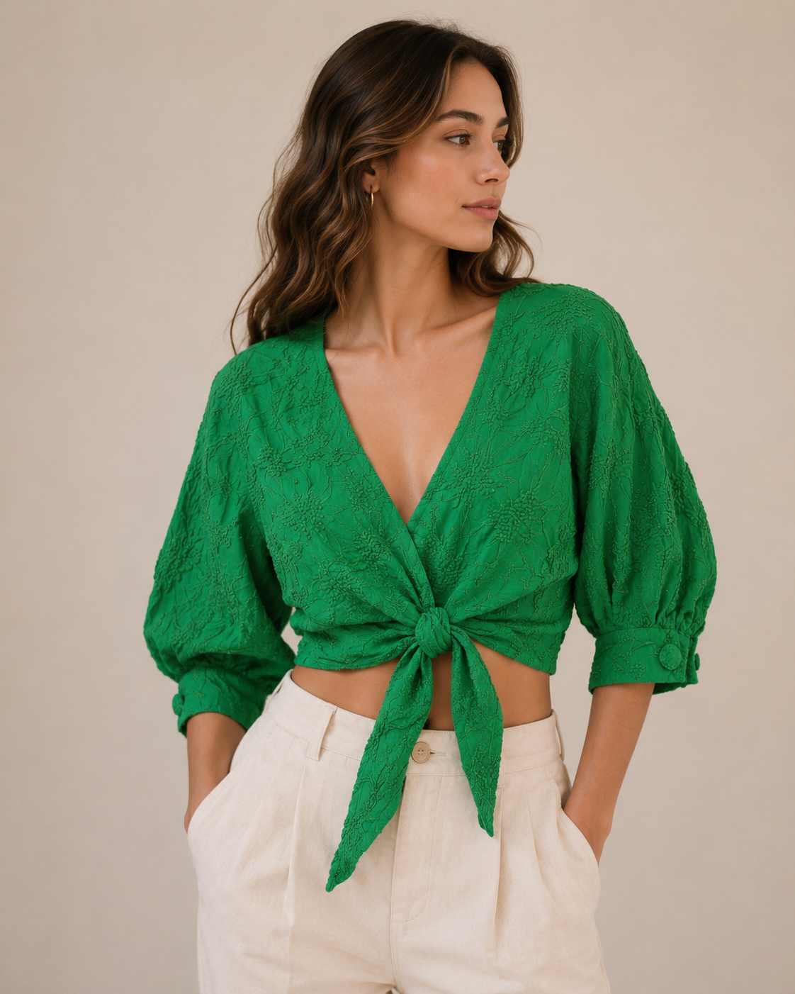 Zara Vibrant Green Embroidered Wrap Cropped Front Tie Blouse Size Medium