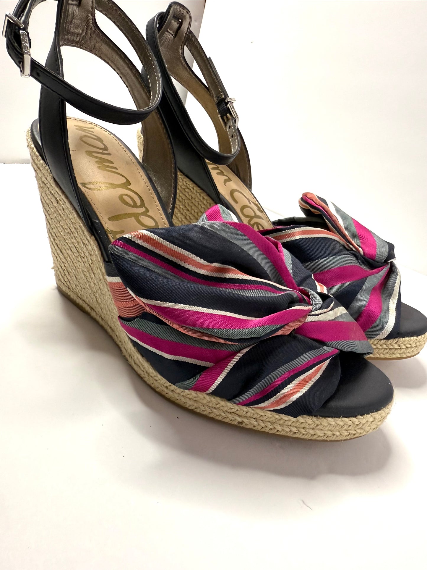 Sam Edelman NWT Blue Striped Espadrille Sandals – Size 8, 3.5" Heel, Bow Tie Ankle Strap