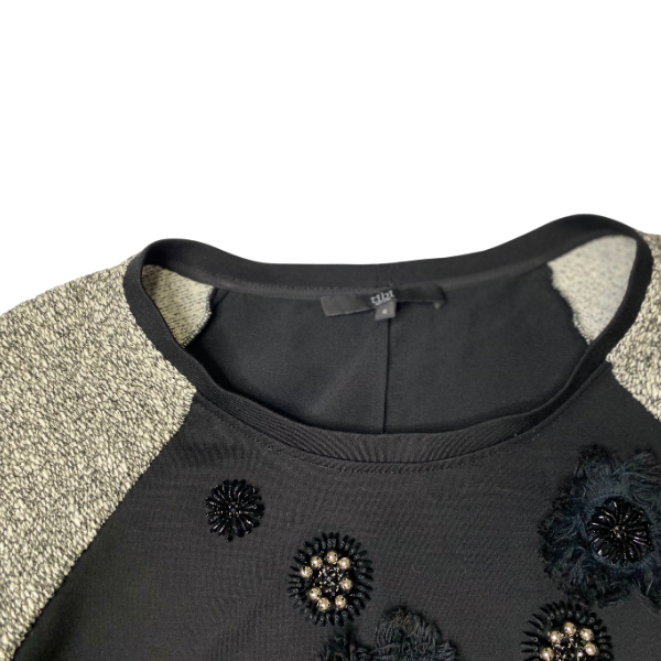 Tibi Embellished Crew Neck Top – Long Woven Sleeves, Back Tie Detail