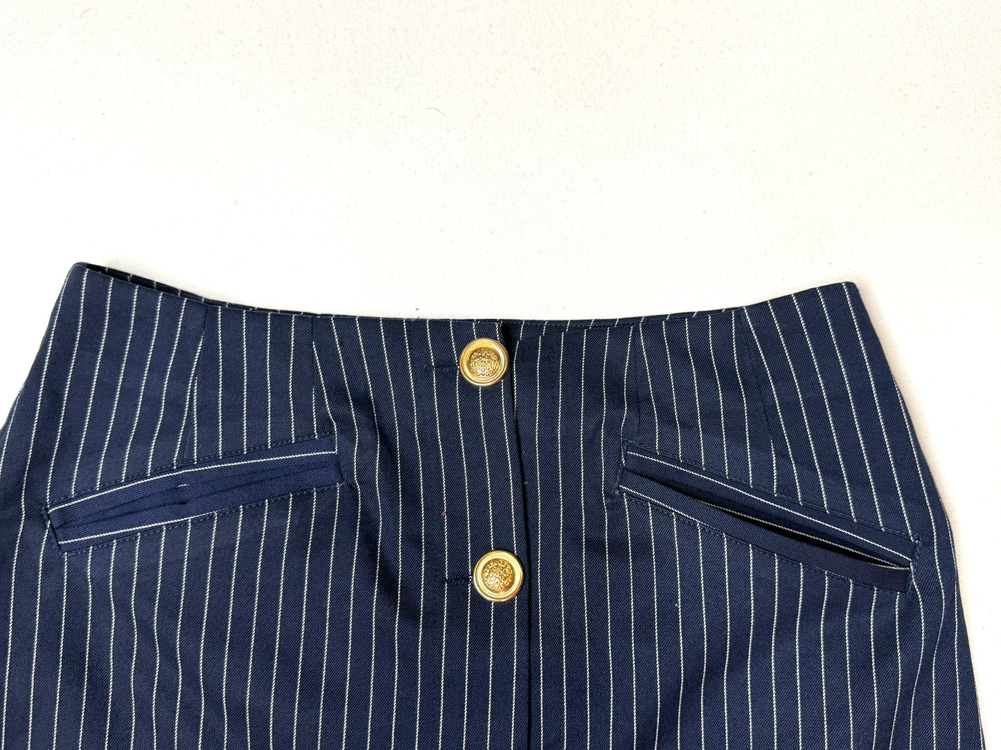 Nasty Gal Navy Pinstripe Mini Skirt Gold Button Front Preppy Academia Size 4