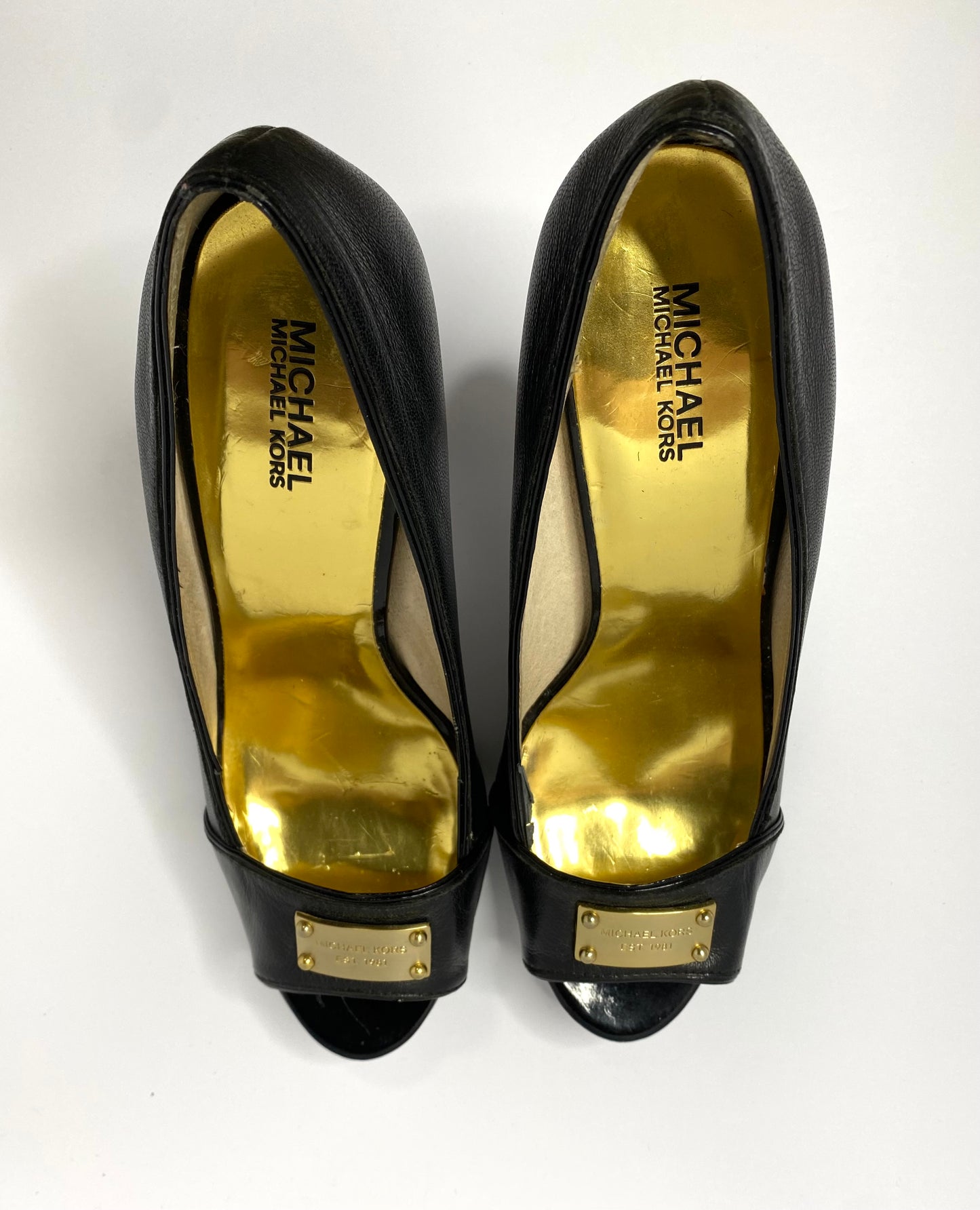 Michael Kors Black Leather Open-Toe Pumps – Size 11 – Gold Logo Plate – 3.75” Heel – Classic Style