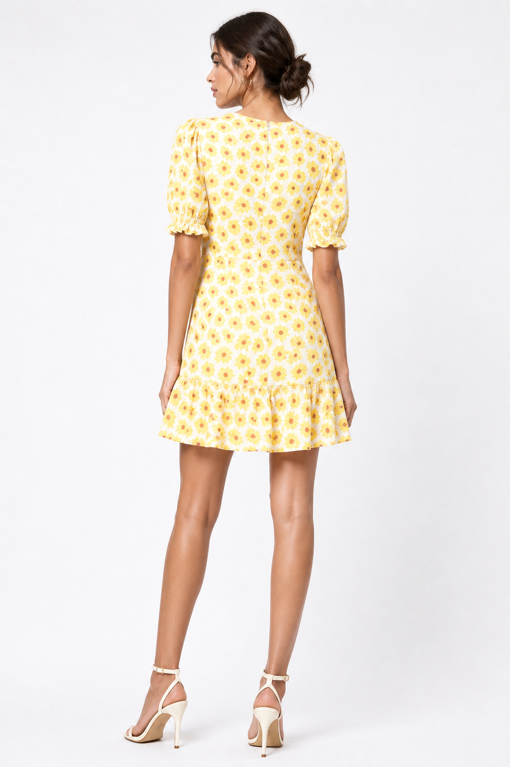 Faithful the Brand Yellow Floral Print Puff Sleeve Ruffle Hem Dress Size 2