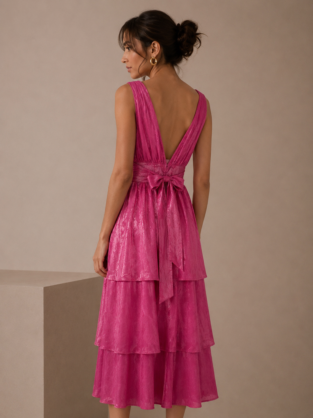 Lulus Hot Pink V-neck Tiered Ruffle Dress Size Large