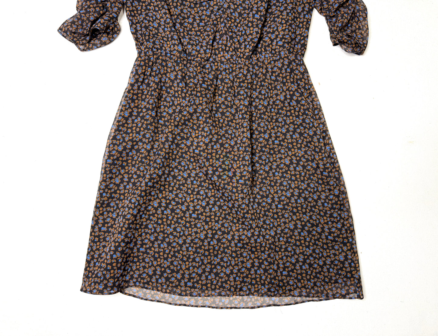 Eliot 100% Silk Brown Blue Leopard Print Puff Sleeve Ruched Mini Dress Size 2