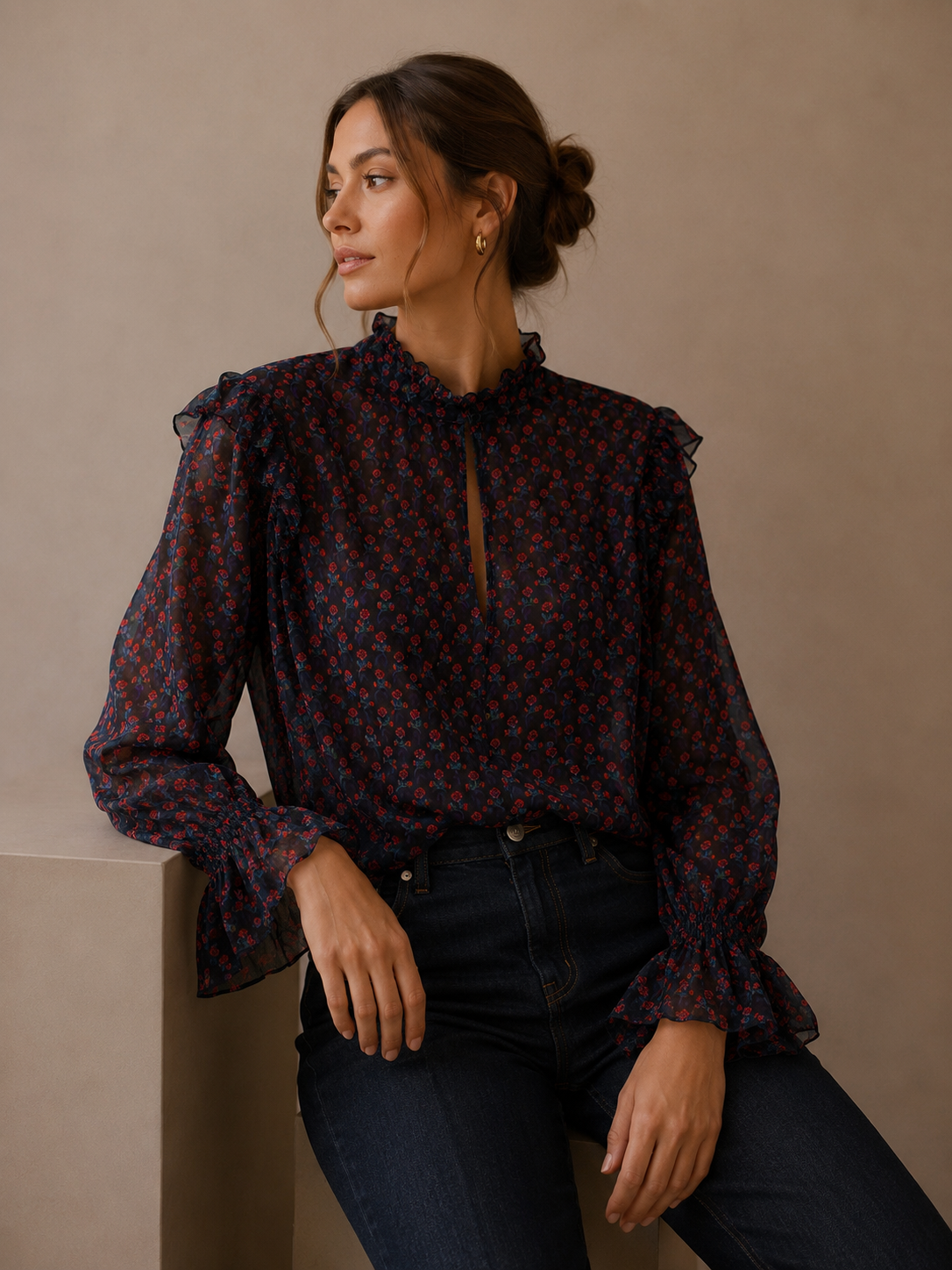 Bebe Sheer Ruffle Sleeve Blouse Navy Red Floral High Neck Romantic Top Size Medium