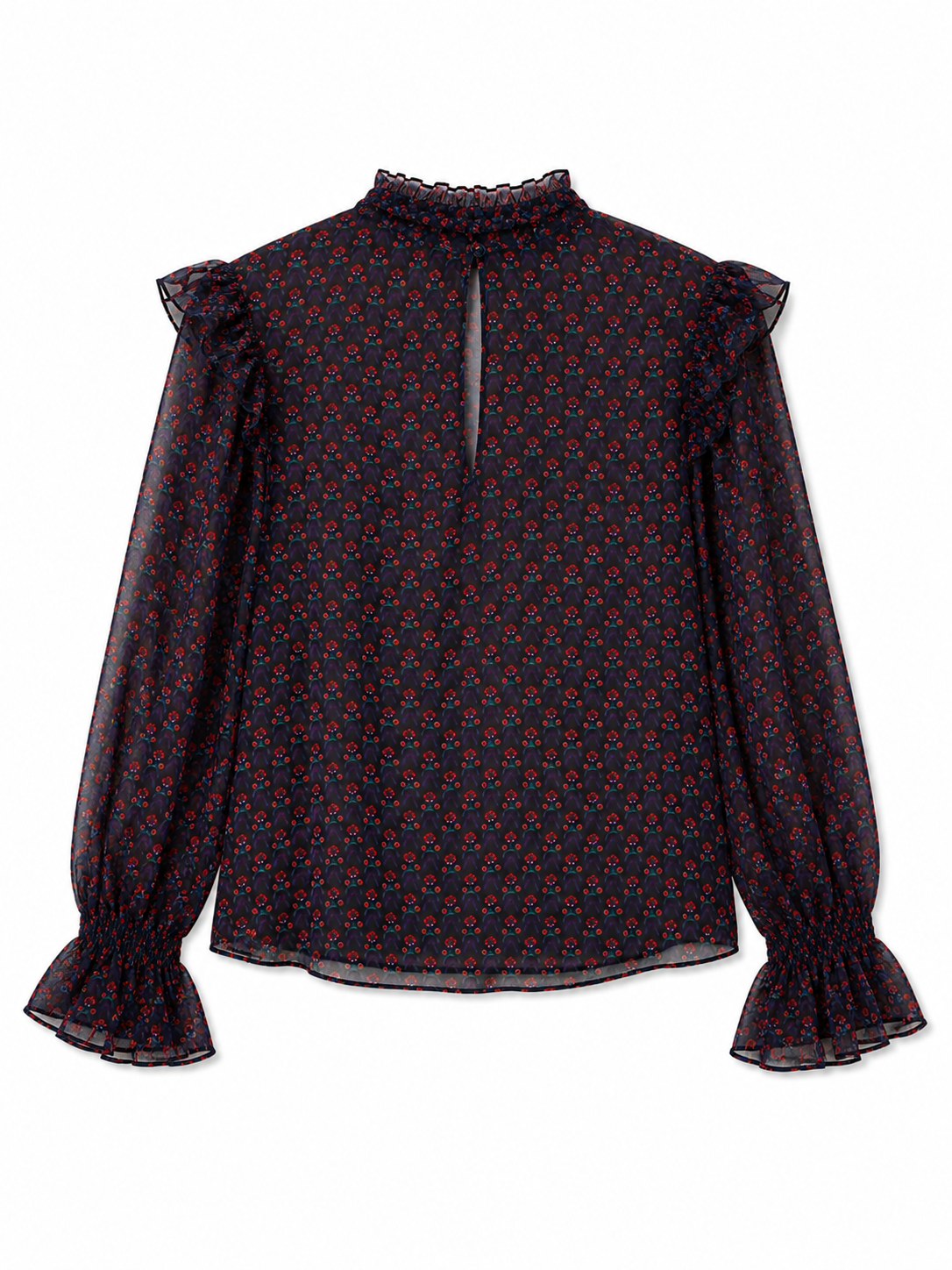 Bebe Sheer Ruffle Sleeve Blouse Navy Red Floral High Neck Romantic Top Size Medium