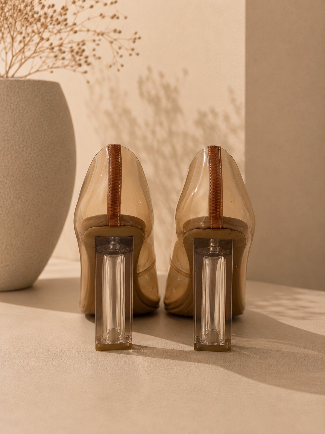 GB Women’s Clear Nude PVC Pumps | Lucite Block Heel Transparent Pointed Toe Heels Size 8
