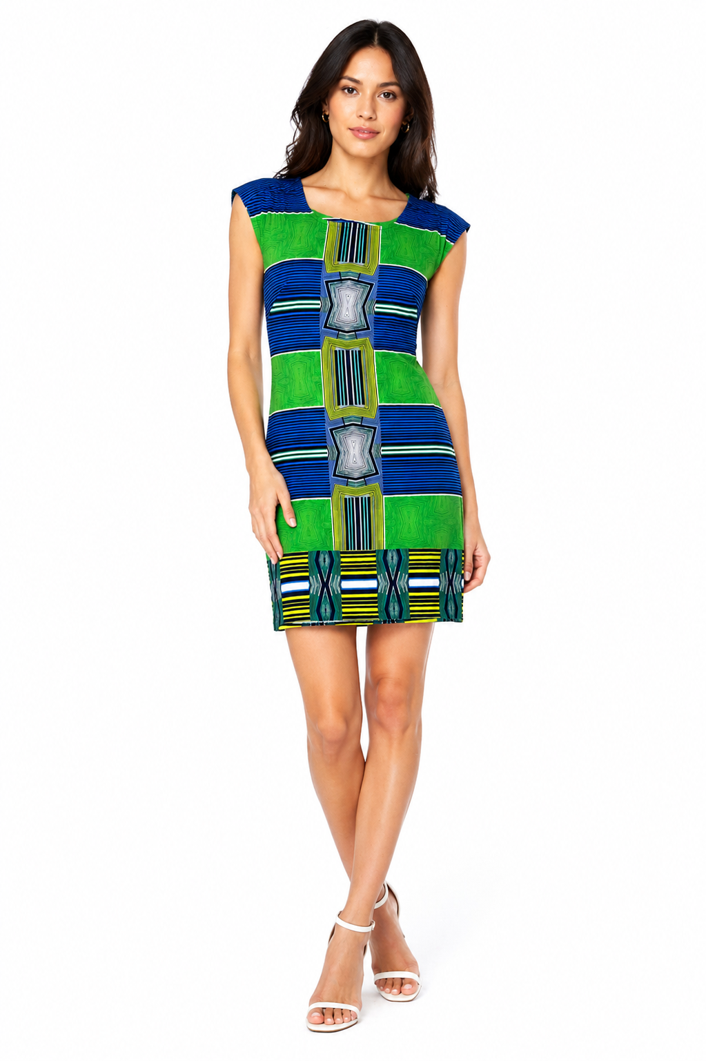 Laundry By Shelli Segal Green and Blue Geometric Cap Sleeve Shift Dress Size S