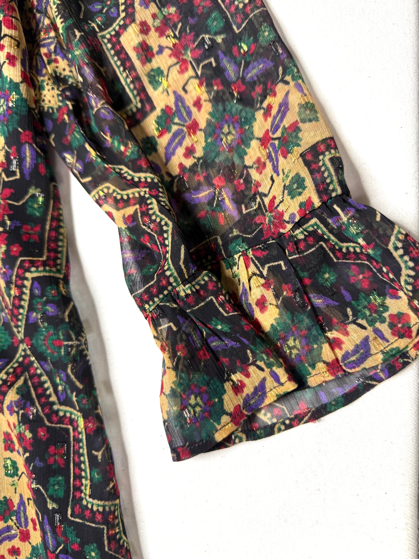 LOFT Boho Floral Geometric Print Drop Waist Dress Ruffle Hem Long Sleeve Size M