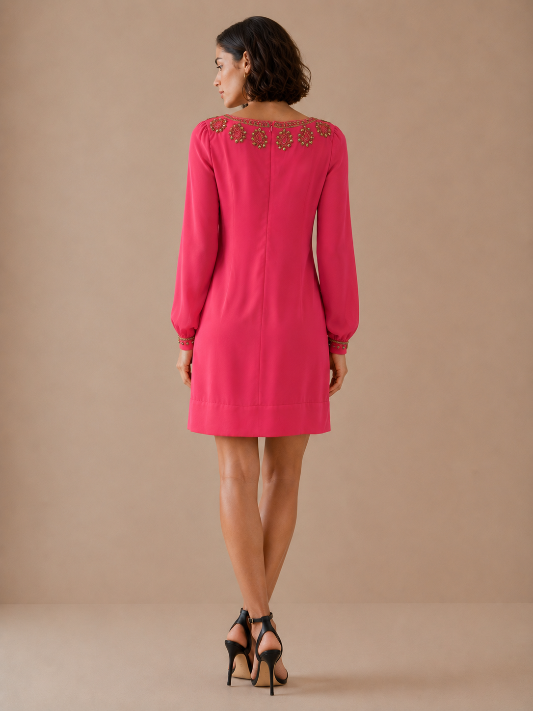 Gianni Bini Beaded Pink Sequin Neck Long Sleeve Shift Dress Size 2