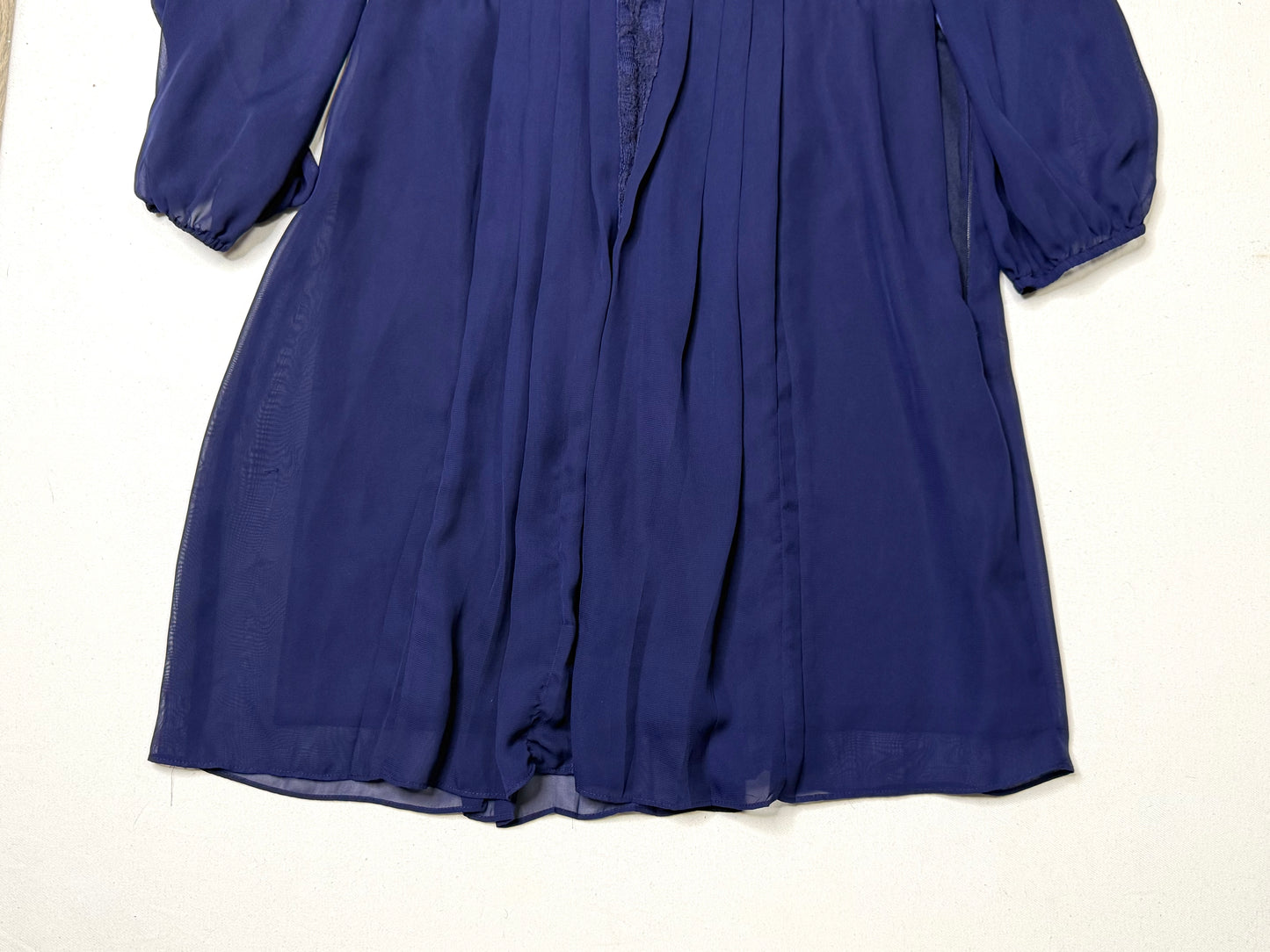 Jessica Simpson Blue Chiffon Lace Trim Mini Dress Pleated Long Sleeve Boho Sizer 8