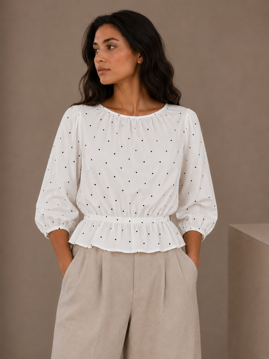 Miss Selfridge White Blouse w/ Black Polka Dots Long Sleeve Tie Back Top Size 2