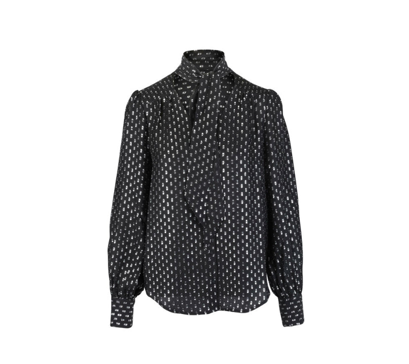 Paige Black & Silver Bow Tie Blouse – Long Sleeve, 90% Silk, Size Small