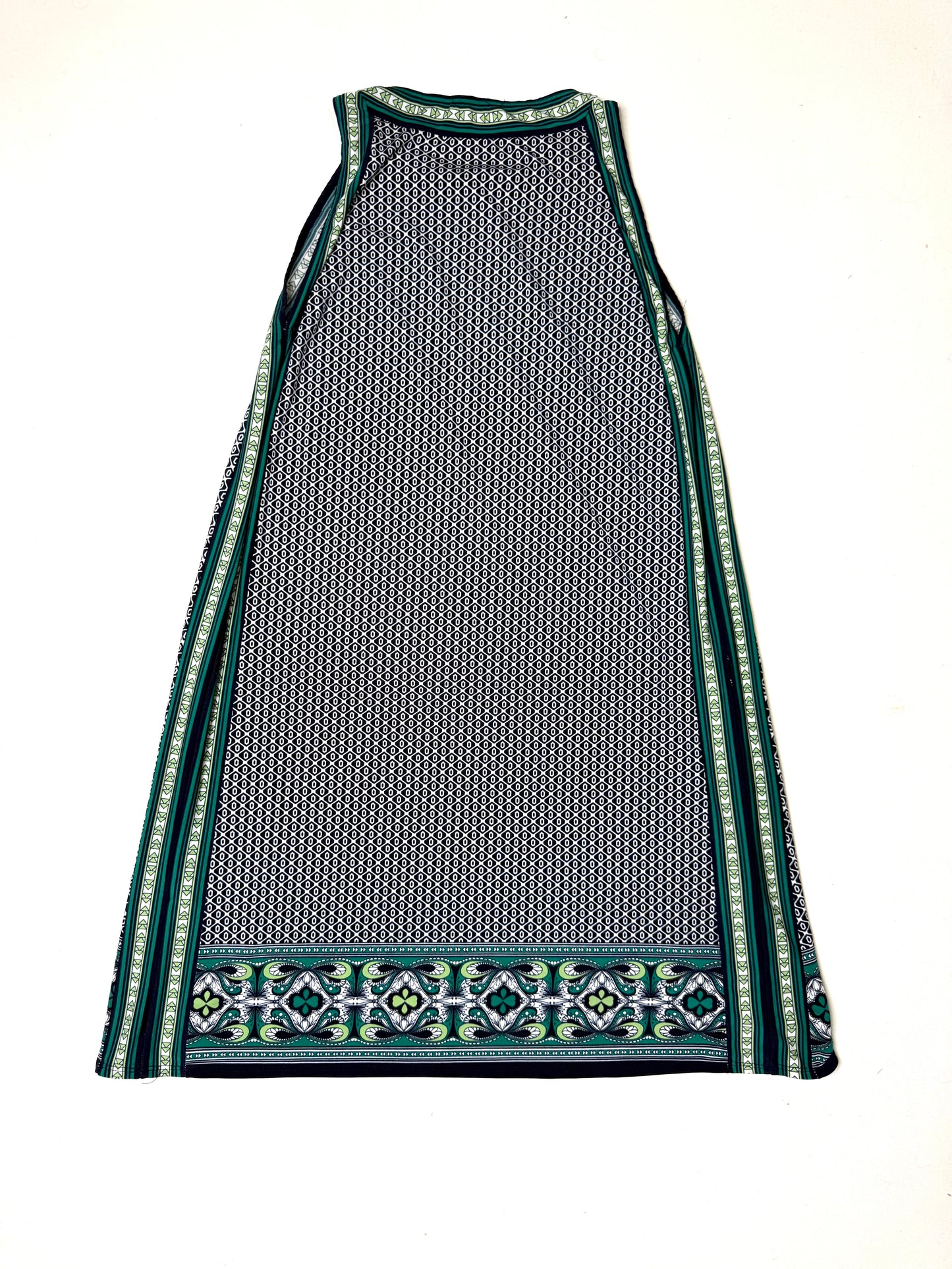 Max Studio Sleeveless Shift Dress Geometric Print Green Blue Black Stretch Knit Women’s Small