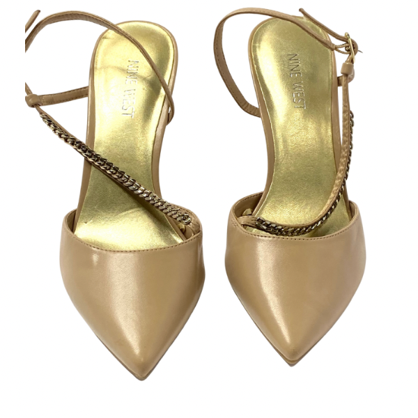 Nine West Nude Leather Pointed Toe Heels with Gold Chain Detail – Size 8.5