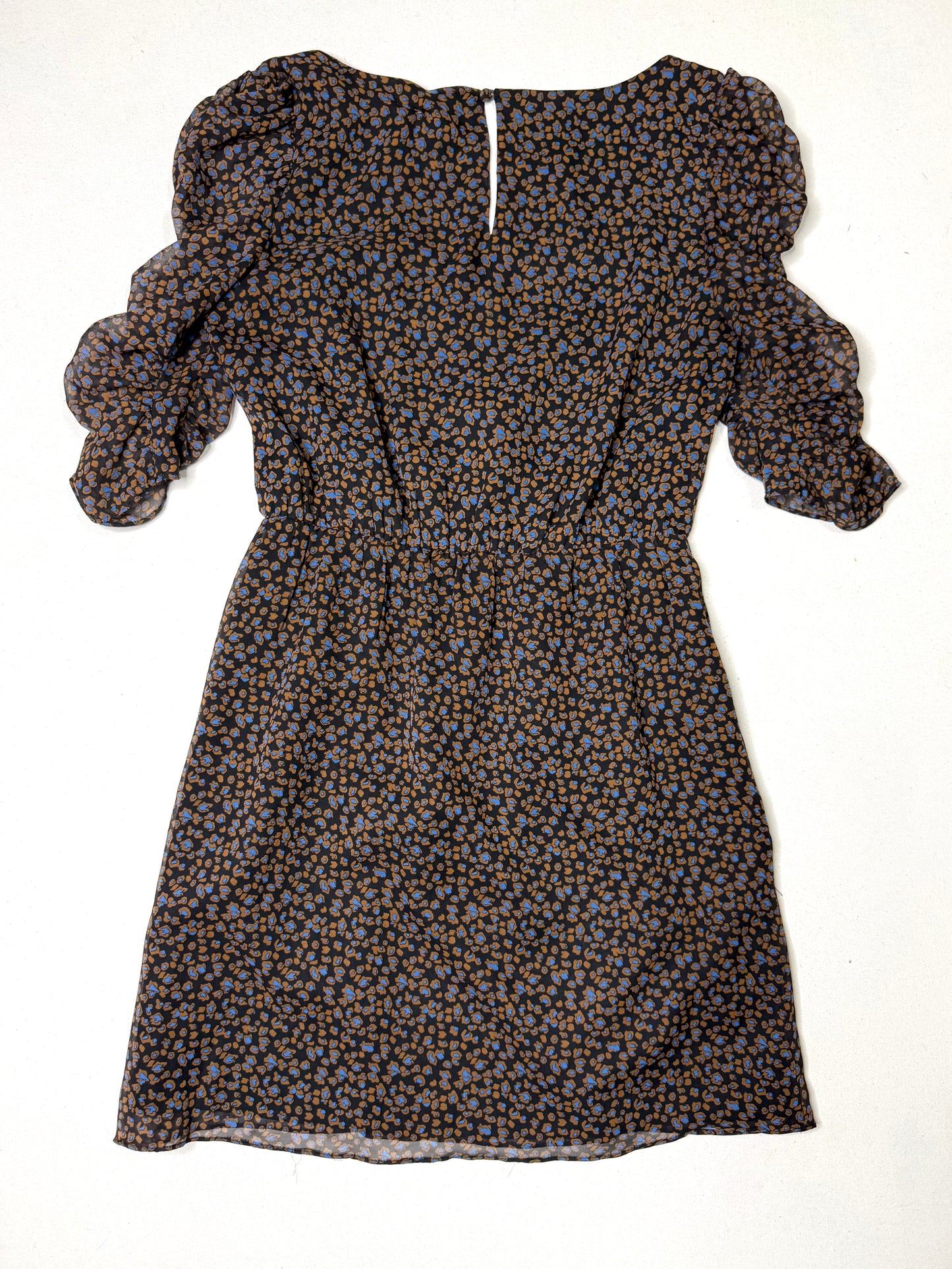 Eliot 100% Silk Brown Blue Leopard Print Puff Sleeve Ruched Mini Dress Size 2
