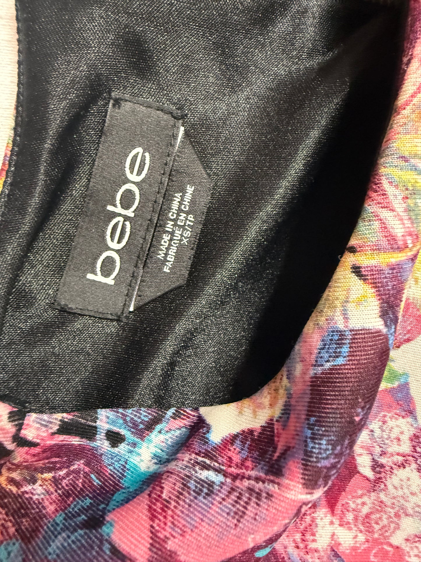 Bebe Black Bodycon Floral Print Dress Long Sleeve Zip Back Size XS