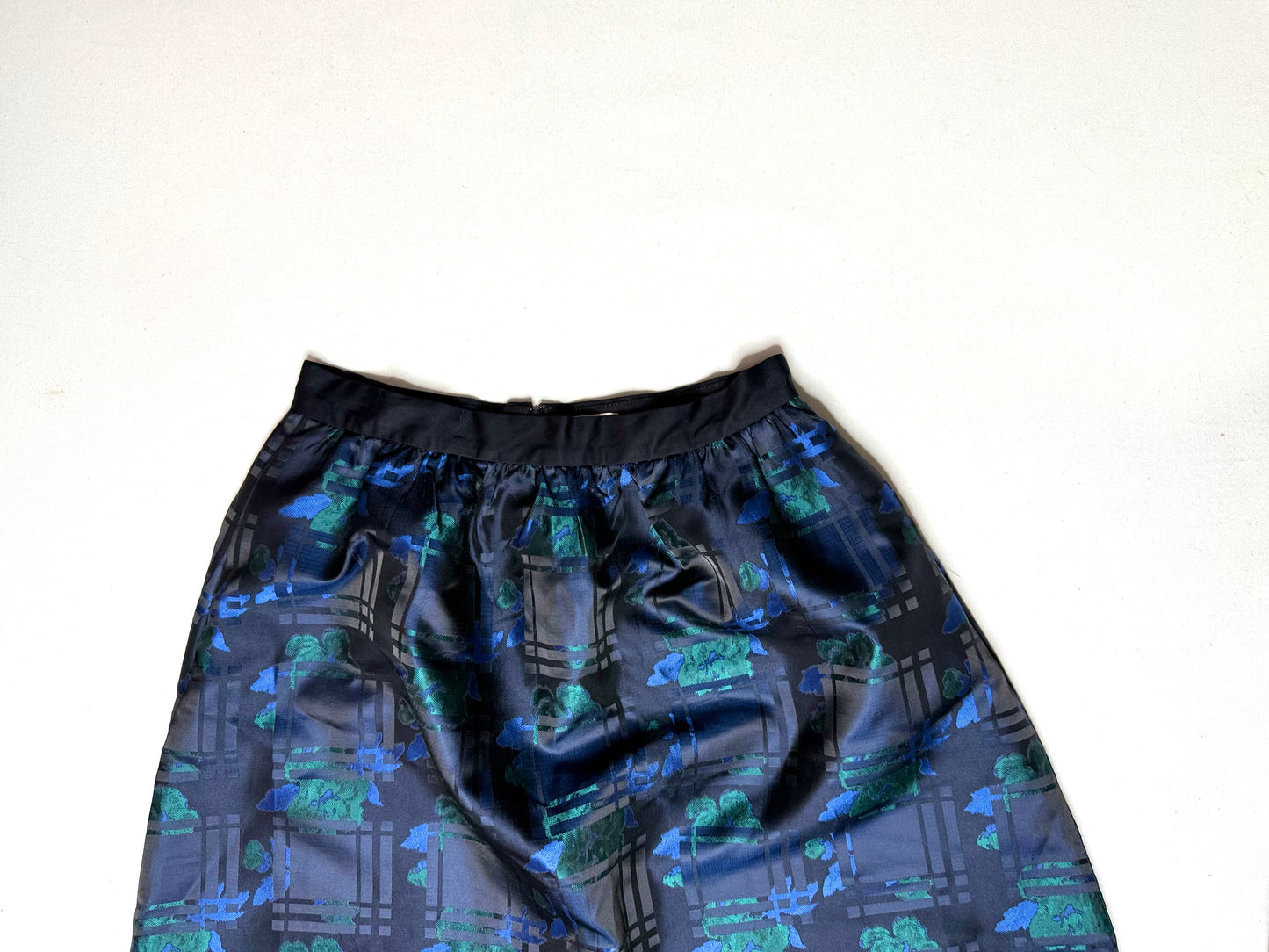 J. Crew Navy and Teal Floral Plaid Jacquard A-Line Mini Skirt w Pockets Size 4