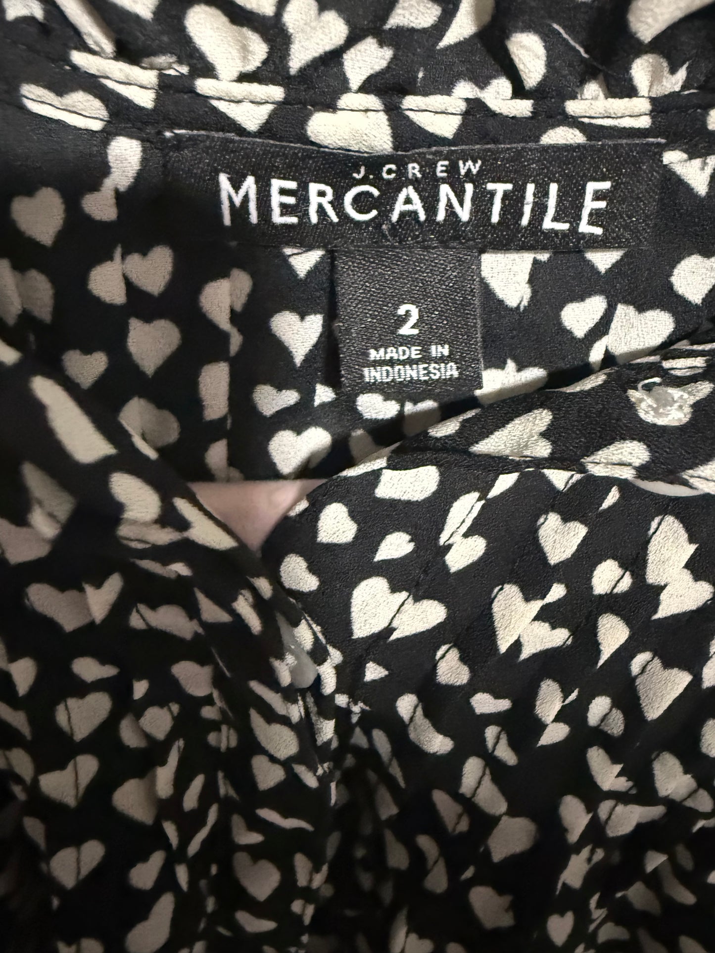 J.Crew Mercantile Heart Print Blouse Size 2 Black White Long Sleeve Ruffle Top