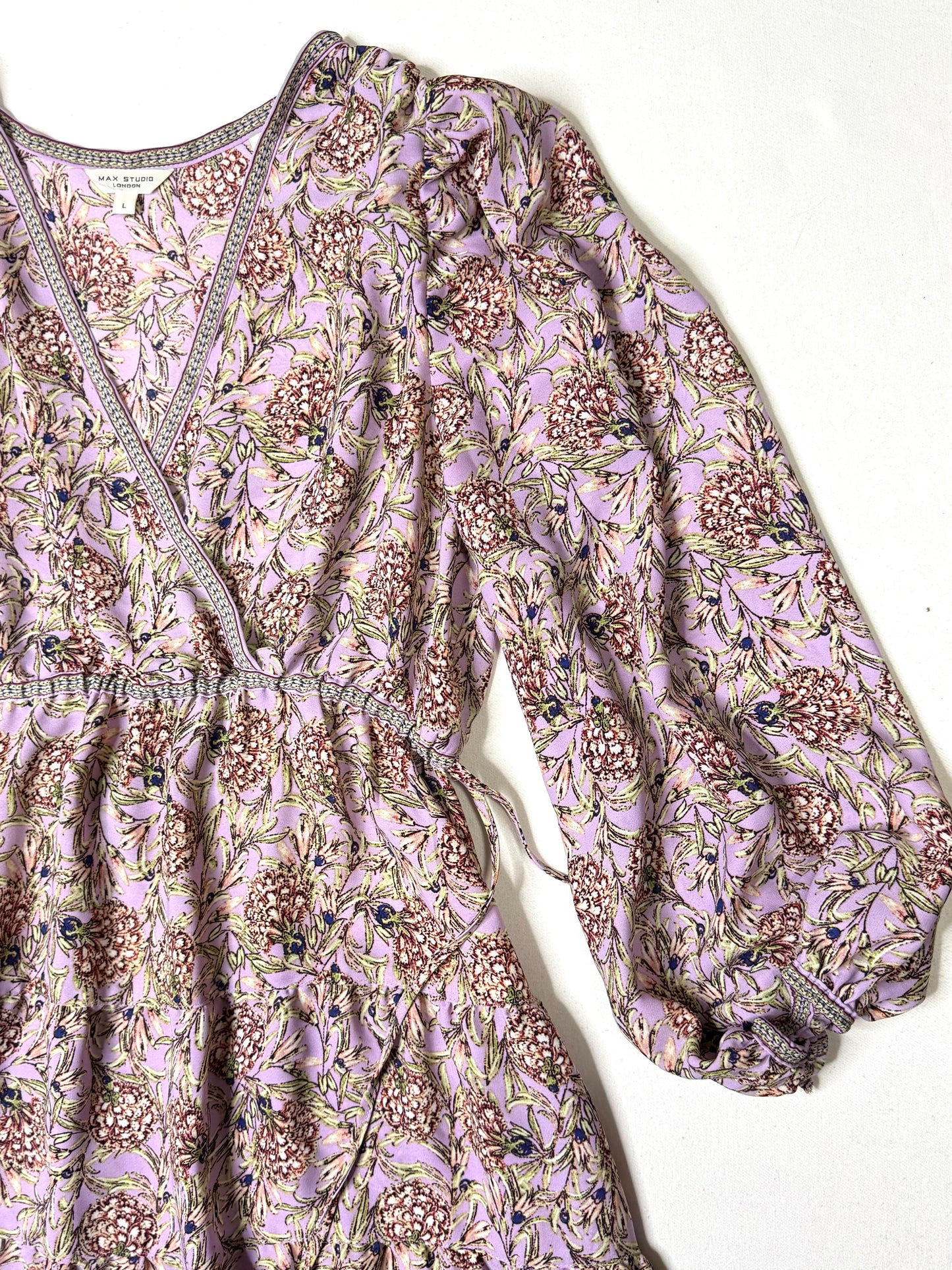 Max Studio London Floral Wrap Dress L Lavender Boho Long Sleeve Ruffle Hem