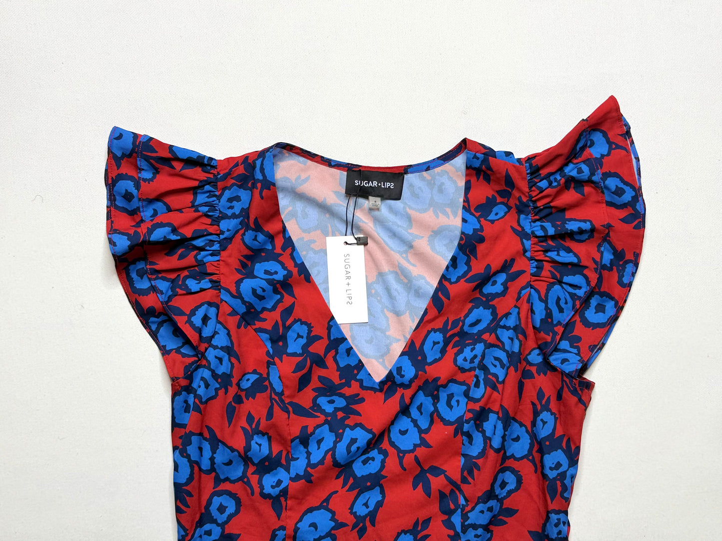 Sugar Lips Mira Mar Floral Ruffle Shoulder Crop Top – Red/Blue, Size S, NWT