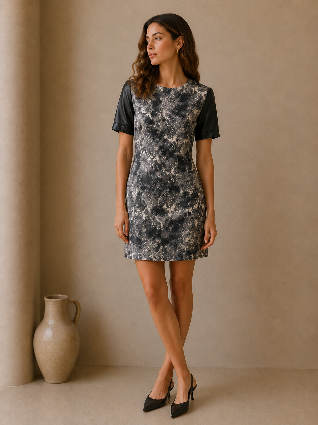 Cut25 by Yigal Azrouël Faux Leather Sleeve Bodycon Dress XS Gray Abstract Print Mini Dress