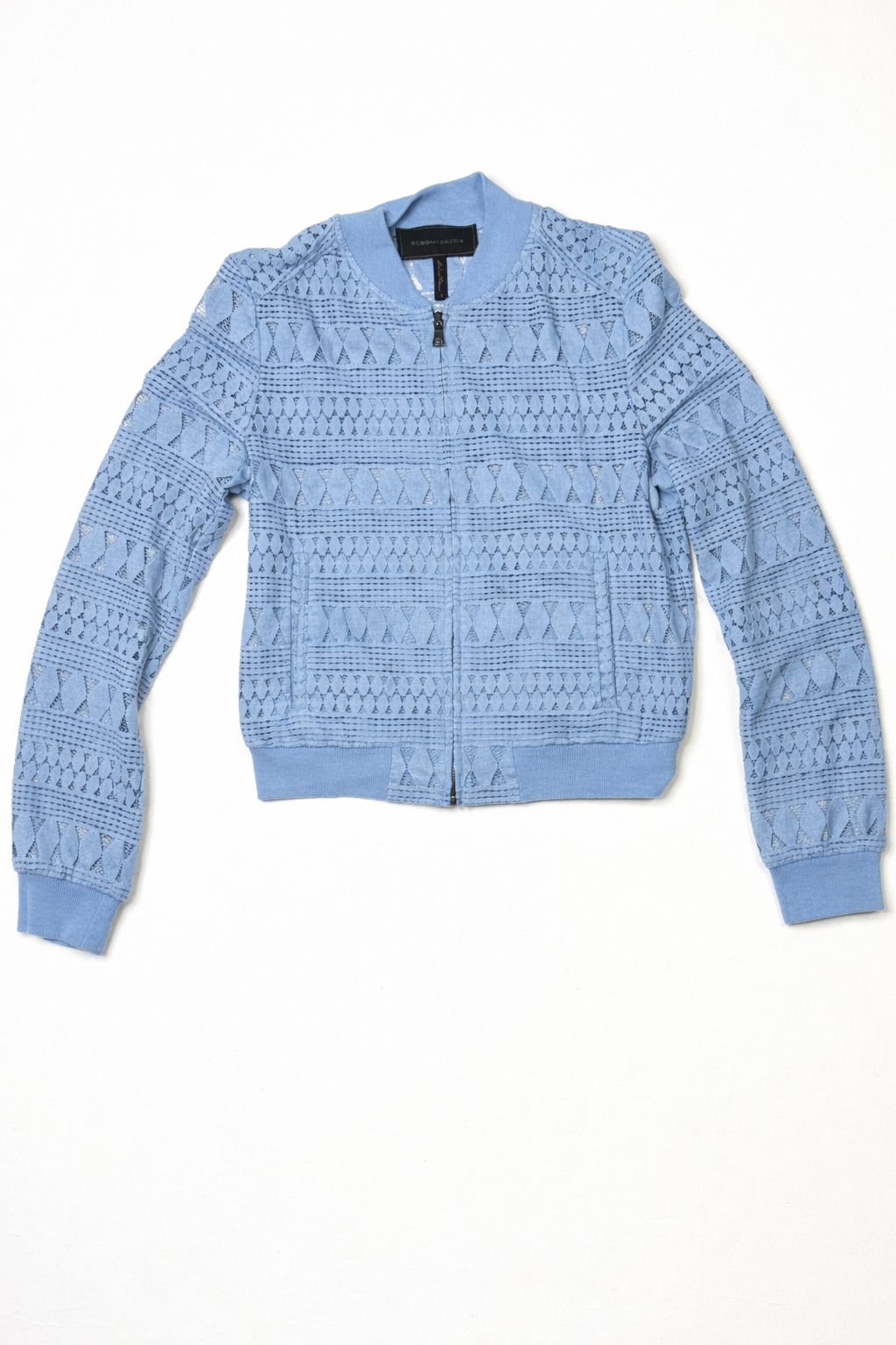 BCBG Max Azria Blue Crochet Lace Bomber Jacket Women’s S Lightweight Zip Up Sheer Textured Jacket